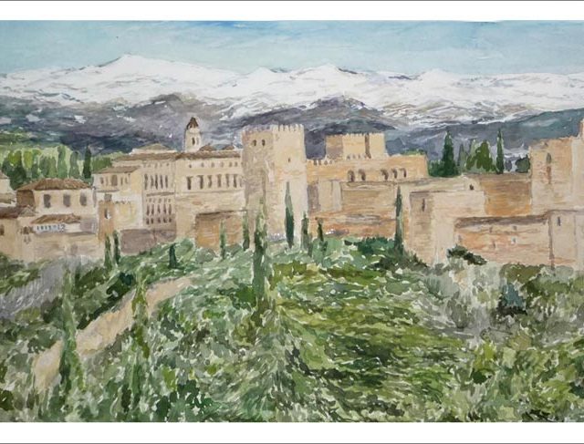 La Alhambra de Granada desde el Albaicín en acuarela