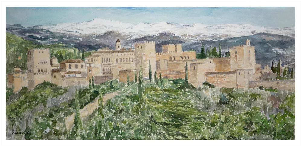 La Alhambra de Granada desde el Albaicín en acuarela