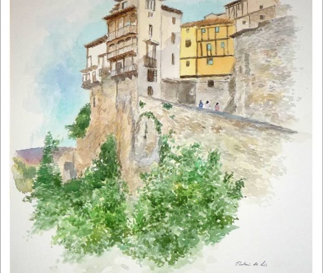 Acuarela de las Casas Colgadas de Cuenca pintada por Rubén de Luis.