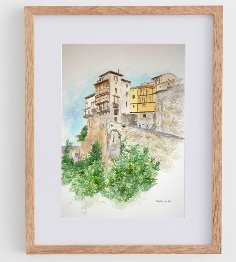 Cuadro en acuarela de las Casas Colgadas en Cuenca realizado por Rubén de Luis