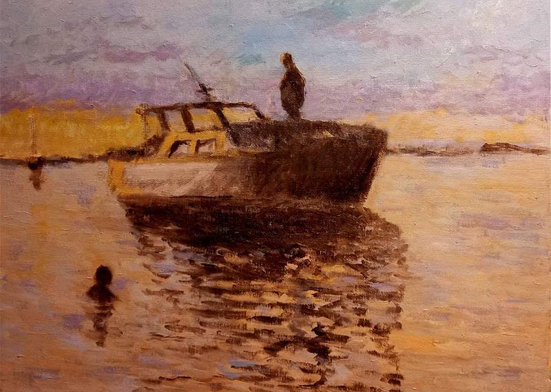 Cuadro al oleo de un amanecer en el mar