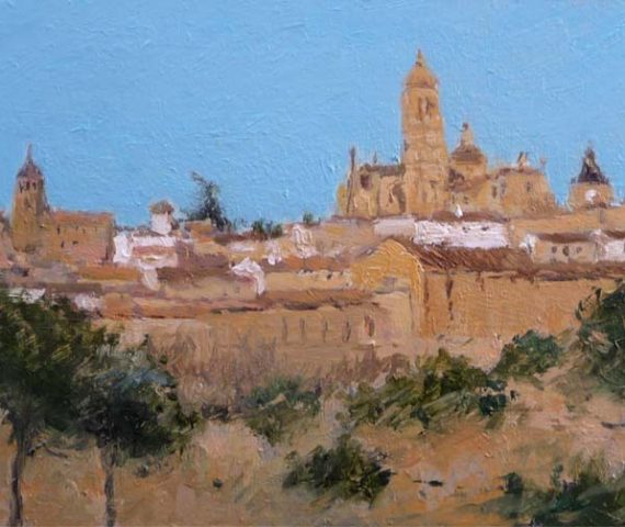 Cuadro al oleo de un paisaje de Segovia al atardecer