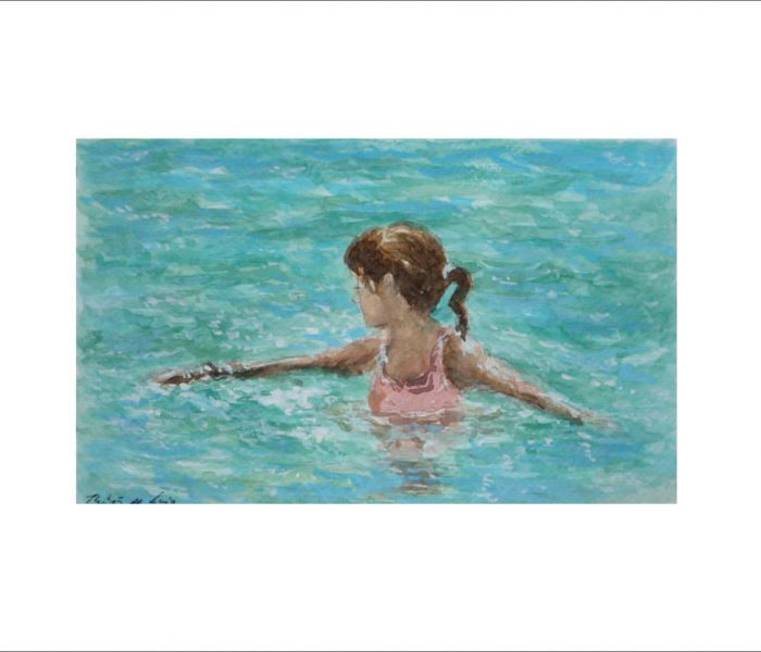 Acuarela de una niña en el mar.