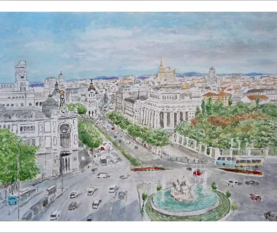 Acuarela de la Plaza de Cibeles en Madrid pintada por Rubén de Luis para la serie de cuadros de Madrid.
