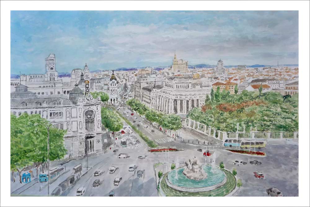 Acuarela de la Plaza de Cibeles en Madrid pintada por Rubén de Luis para la serie de cuadros de Madrid.