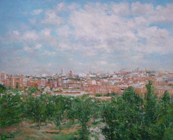 Cuadro al oleo de Madrid desde el Parque de san Isidro pintado por Rubén de Luis.