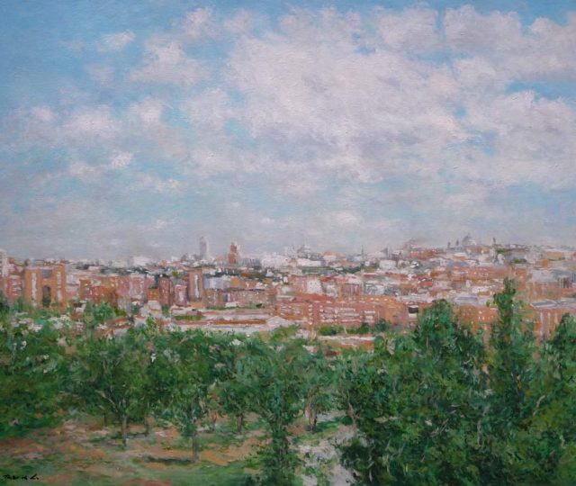 Cuadro al oleo de Madrid desde el Parque de san Isidro pintado por Rubén de Luis.