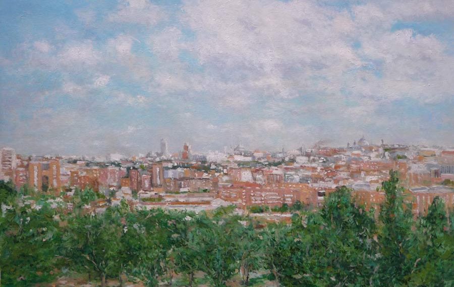 Cuadro al oleo de Madrid desde el Parque de san Isidro pintado por Rubén de Luis.