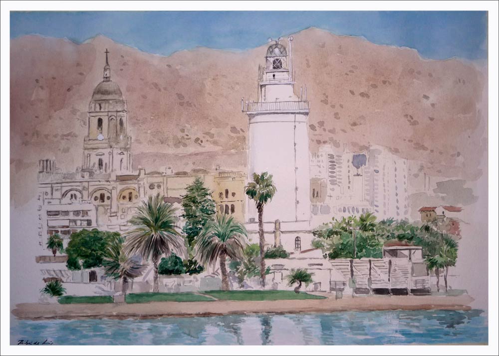 Acuarela de un paisaje de Málaga y la Farola