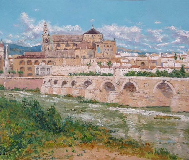 Cuadro al oleo de un paisaje de Córdoba desde el puente romano
