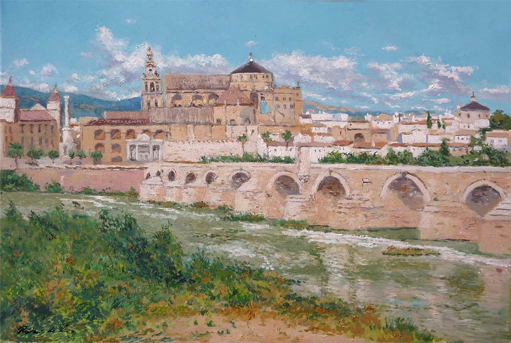 Cuadro al oleo de un paisaje de Córdoba desde el puente romano