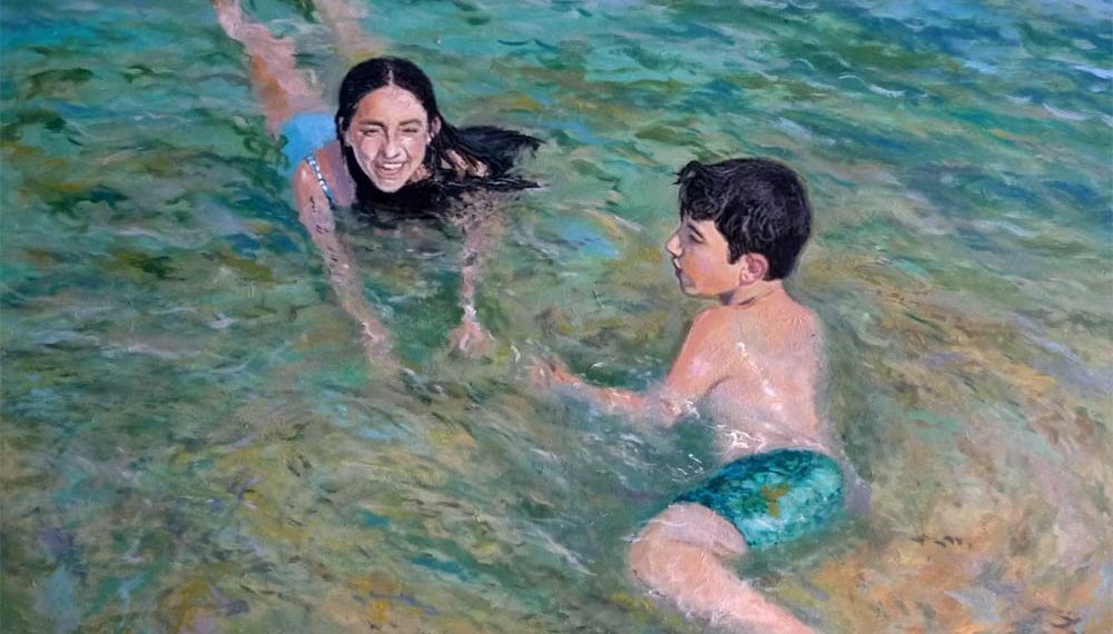 Cuadro al oleo de unos niños jugando en una playa de Jávea