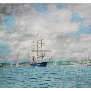 Cuadro en acuarela de un velero partiendo en la bahía pintado por Rubén de Luis