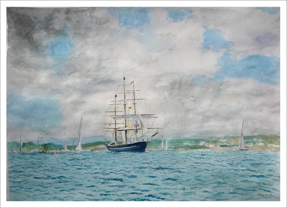 Cuadro en acuarela de un velero partiendo en la bahía pintado por Rubén de Luis