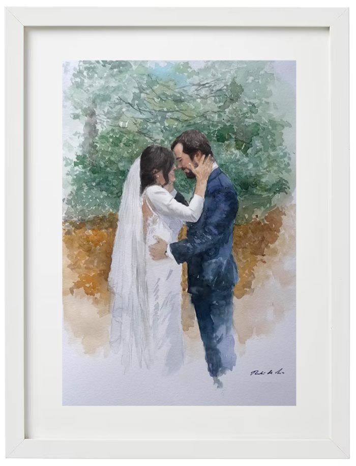 Cuadro de un retrato de unos novios en un jardín