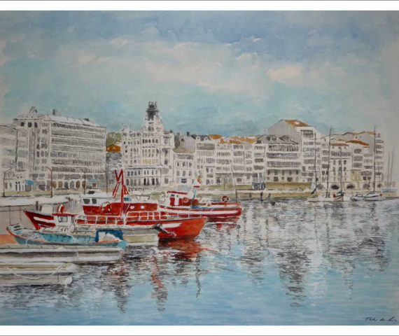 Acuarela de la dársena de la Marina en La Coruña pintada por Rubén de Luis