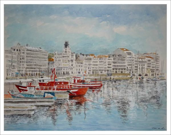 Acuarela de la dársena de la Marina en La Coruña pintada por Rubén de Luis