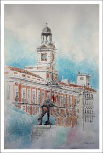 Cuadro en acuarela de la Puerta del Sol, Madrid
