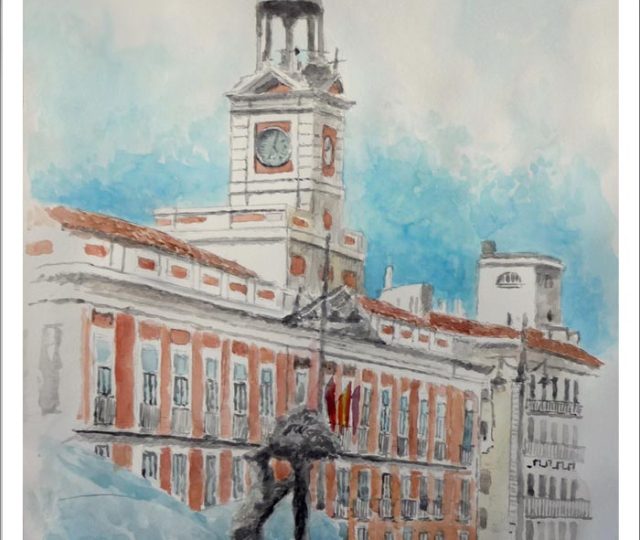 Acuarela de la Puerta del Sol de Madrid pintada por Rubén de Luis