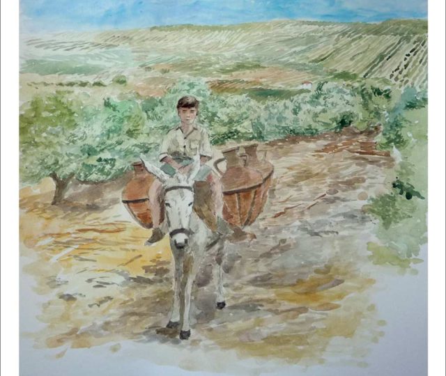 Acuarela de un paisaje de Jaén con sus olivares y un burrito con sus tinajas con un niño a lomos. Una acuarela que captura un paisaje de antaño pintado por Rubén de Luis