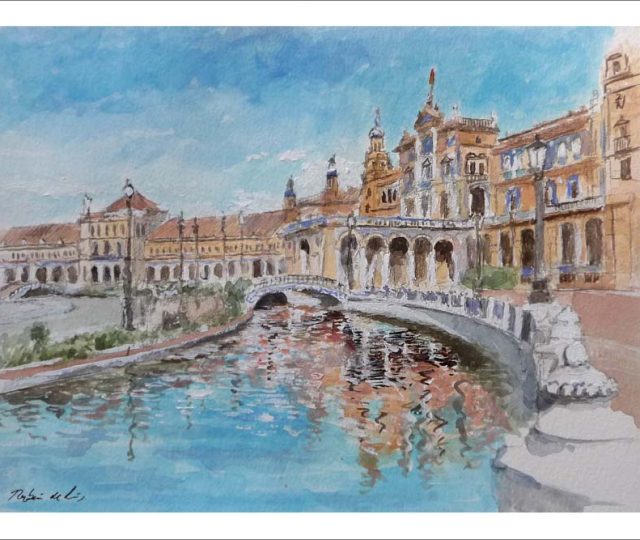 Acuarela de la Plaza de España en Sevilla pintada por Rubén de Luis