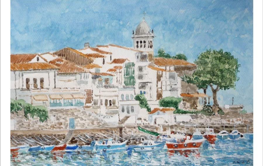 Cuadro en acuarela de un paisaje de Luanco en Asturias pintado por Rubén de Luis para la serie de acuarelas de Asturias