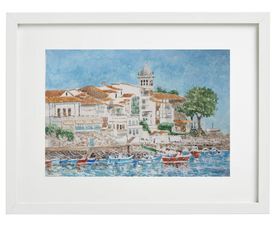 Cuadro con un marco en blanco de un paisaje de Luanco en la costa de Asturias pintado por Rubén de Luis