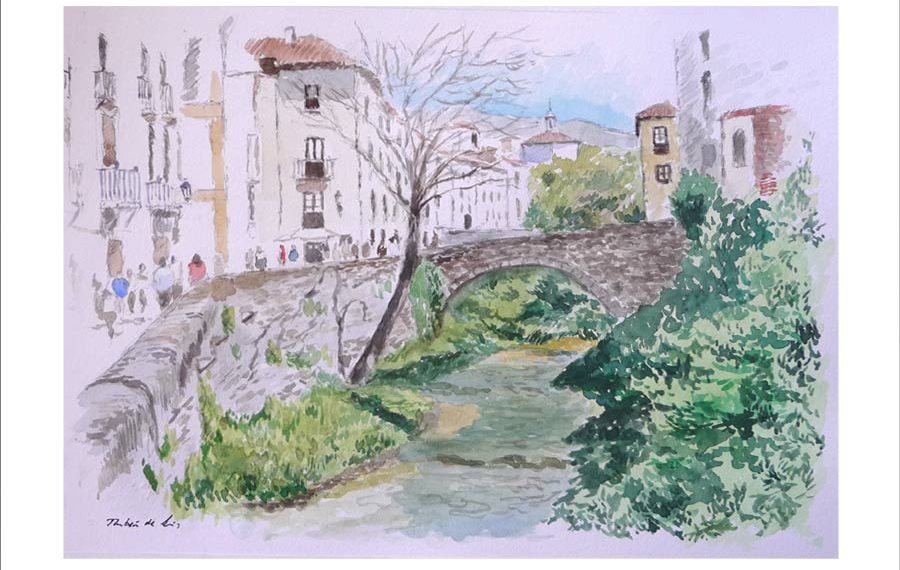 Acuarela del Puente Cabrera en la Carrera del Darro, Granada.