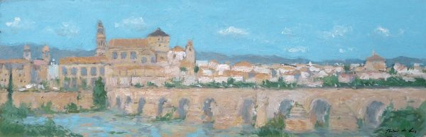 Cuadro al oleo de un paisaje de Córdoba desde el Puente Romano.