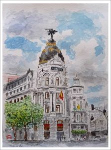 Acuarela del edificio Metrópolis de Madrid