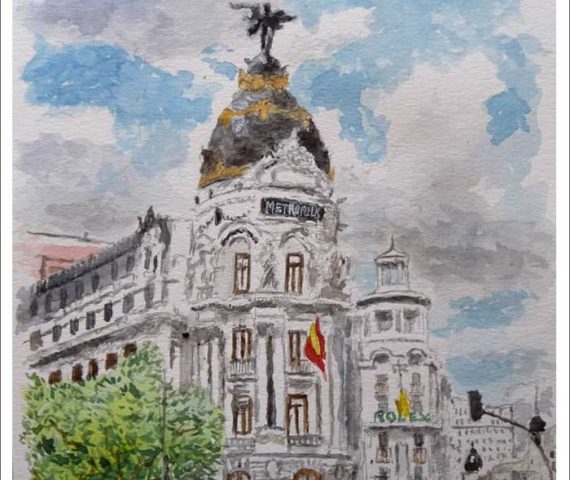 Acuarela del edificio Metrópolis de Madrid pintada por Rubén de Luis