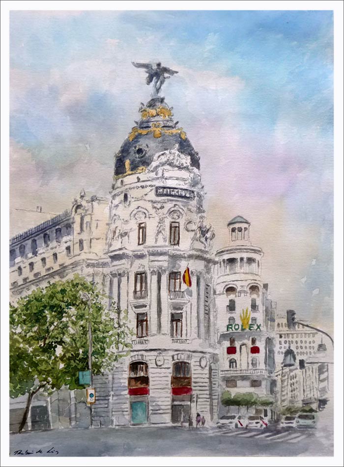 Acuarela del edificio Metrópolis de Madrid realizada por Rubén de Luis
