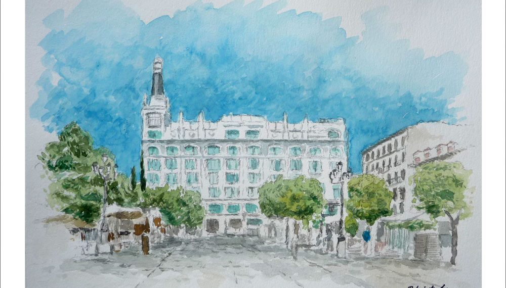 Acuarela de la Plaza de Santa Ana en Madrid