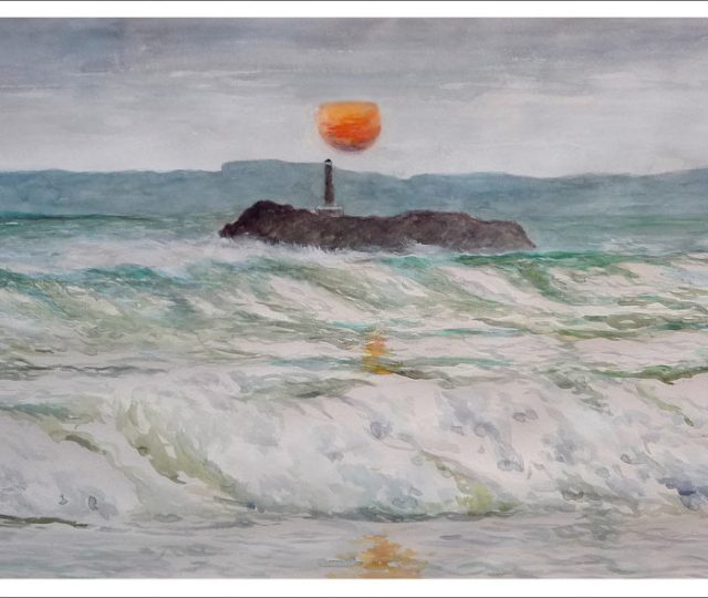 Cuadro en acuarela de la isla de Mouro al amanecer pintado por Rubén de Luis