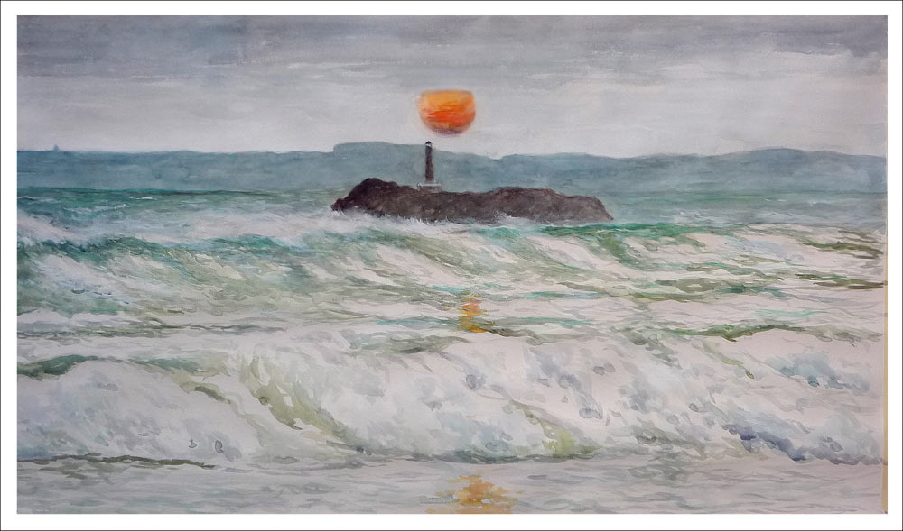 Cuadro en acuarela de la isla de Mouro al amanecer pintado por Rubén de Luis