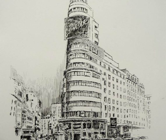 Dibujo a tinta de la plaza de Callao en Madrid