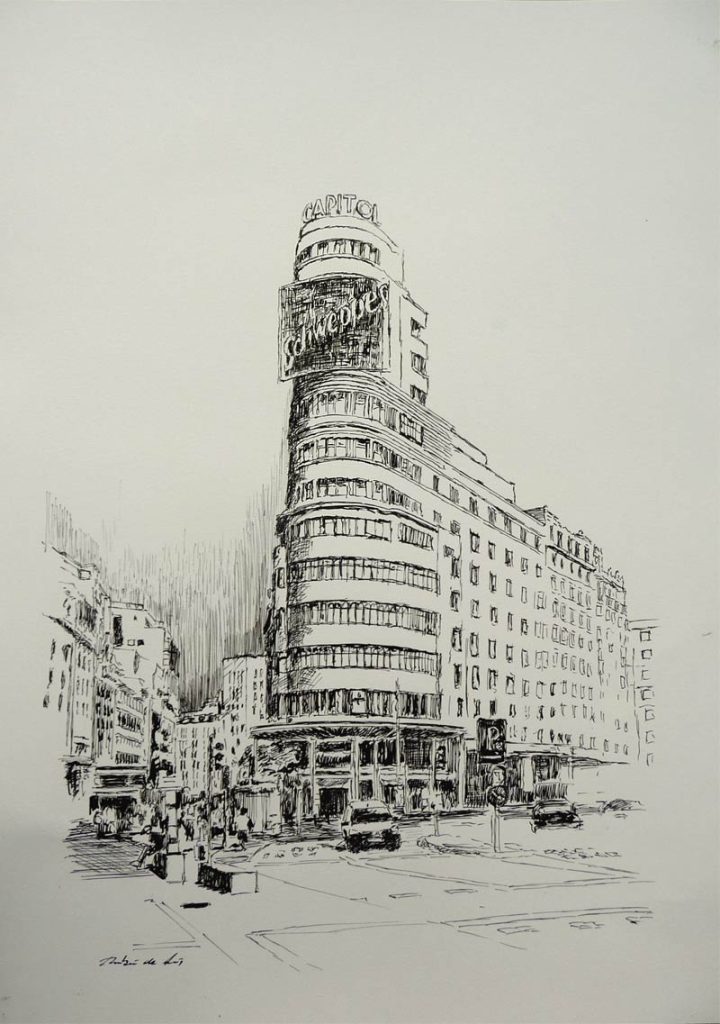 Dibujo a tinta de la plaza de Callao en Madrid