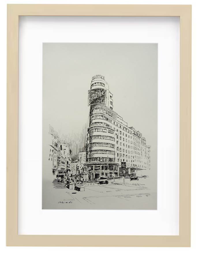 Cuadro en acuarela de la Plaza de Callao en Madrid. Dibujo a tinta del edificio Carrión