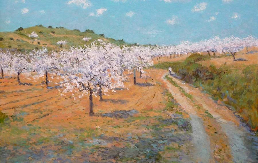 Cuadro de un paisaje de almendros de estilo impresionista al atardecer. Una obra original del pintor Rubén de Luis
