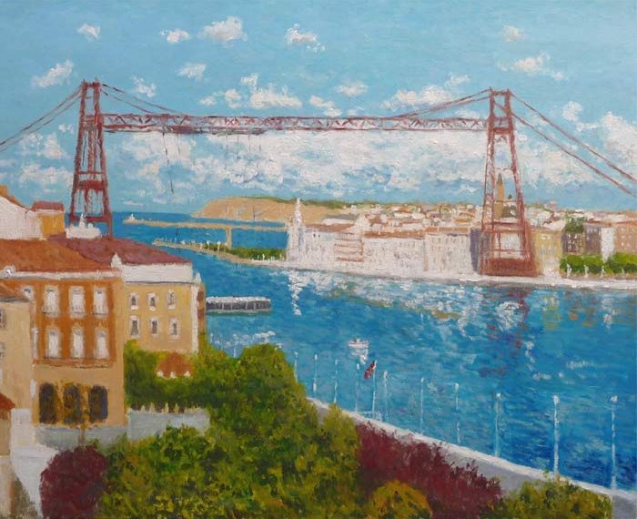 Paisaje pintado al oleo del puente colgante de Portugalete