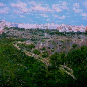 Un cuadro al oleo de Madrid desde la Casa de Campo