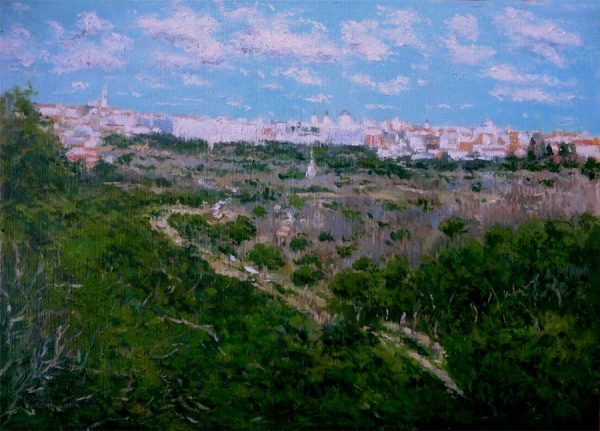 Un cuadro al oleo de Madrid desde la Casa de Campo
