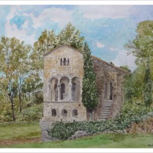 Acuarela de Santa María del Naranco en Oviedo realizada por Rubén de Luis para la serie de cuadros de Asturias,