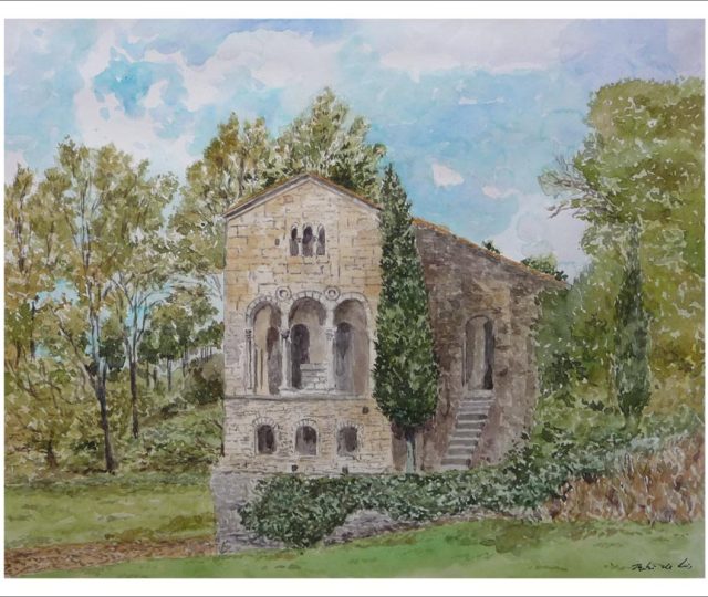 Acuarela de Santa María del Naranco, Oviedo. Una acuarela del pintor Rubén de Luis
