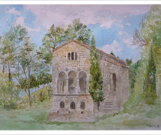Acuarela de Santa María del Naranco en Oviedo