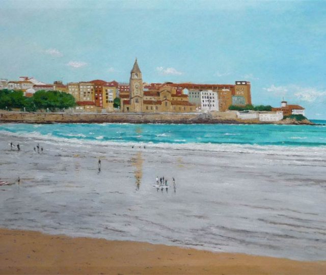 Un cuadro al oleo de la playa de San Lorenzo en Gijón realizado por Rubén de Luis
