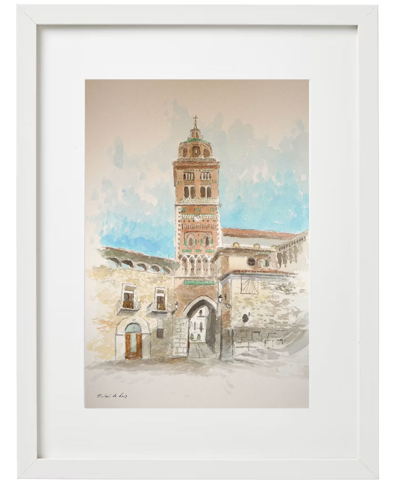Cuadro en acuarela de la Catedral de Teruel enmarcado y listo para colgar. Un regalo único y original. Una obra pintada a mano por Rubén de Luis.