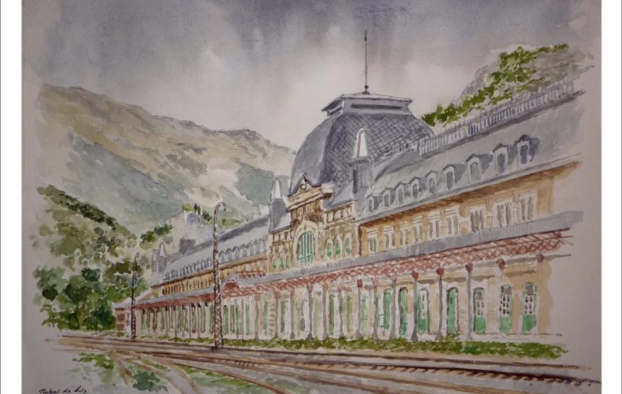 Acuarela de la estación de Canfranc en Huesca pintada por Rubén de Luis para la serie de cuadros de Aragón