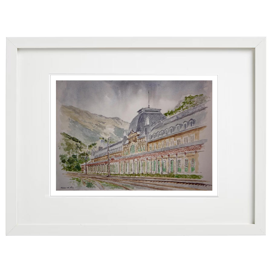 Acuarela con marco de la estación de Canfranc en Huesca
