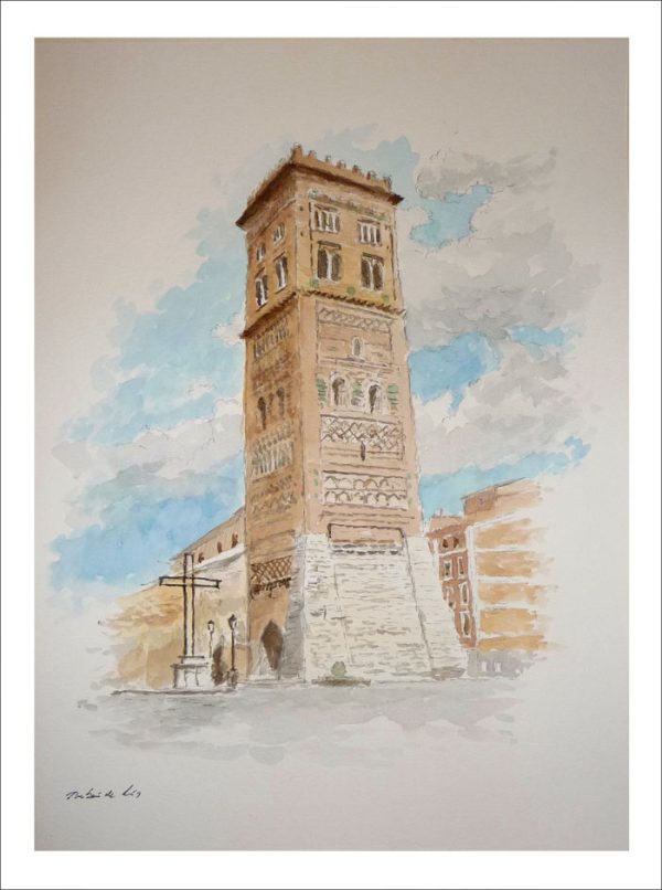 Acuarela de la Torre de San Martín en Teruel. Una acuarela pintada de esta magnífica construcción mudéjar.